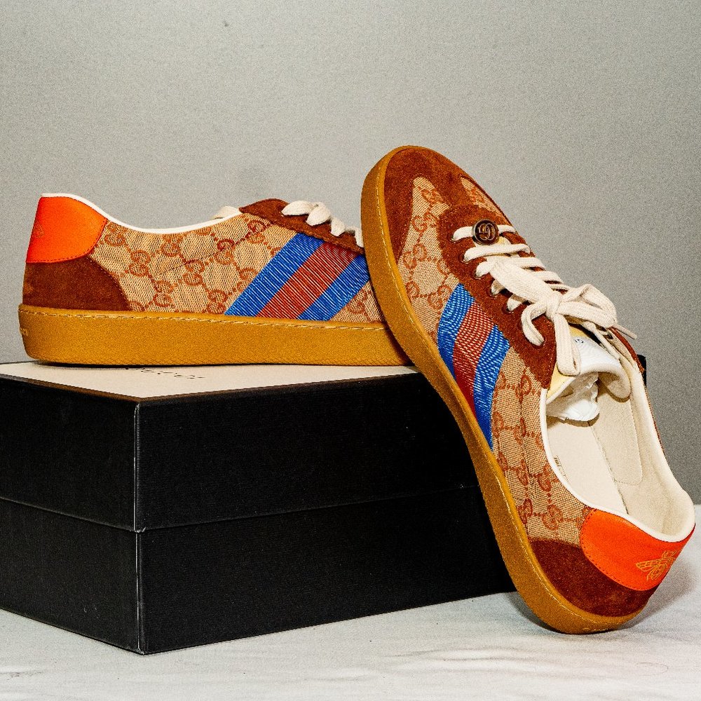 Gucci GG Monogram Suede Web Mens G74 Sneakers 7 Brown